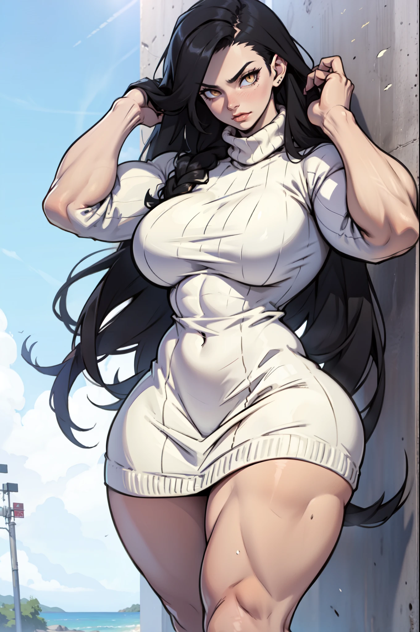 Masterpiece, best quality, Masterpiece, best quality, 1 woman, black skin , long wavy hair, black hair. , Close your eyes.. , naked , big breasts , abdomen , Long legs , Spread your hand out. , Raise your arms , Barefoot , full body , abandoned factory , rain