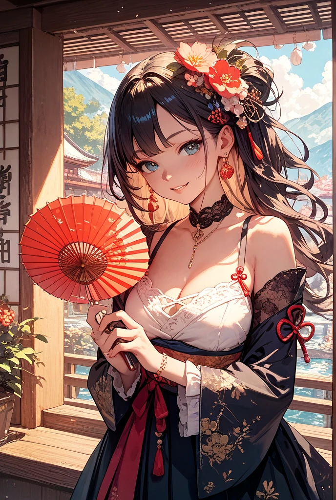 (pov kimono style swimsuit) (beautiful body), (solo:2, 15 yo, blunt bangs:1.3 black hair long hair sexy shrine girl, sexy closed eyes, happy smile, medium tits), (in a japanese modern:1.3 shrine:1.2 beautiful one piece swimsuit, wabisabi:1.3, white and red), break, in the sunshine beach, background Double Exposure beautiful ocean, BREAK, perfect anatomy, masterpiece, best quality, 16k, beautiful detailed love, sexy, daydreaming expression.