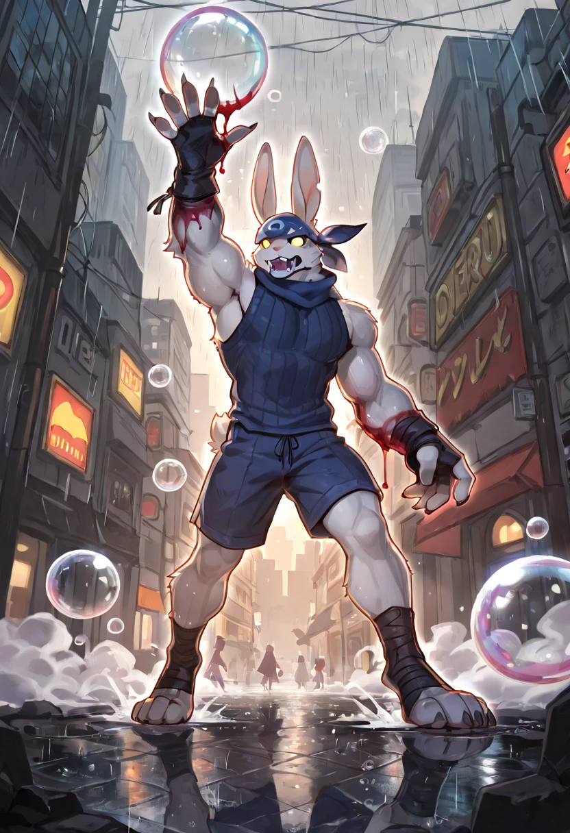 8K, highly detailed, high quality, anime style, game cg, (male), 1boy, upper-body_portrait, looking at viewer, cute, non human, greninja, red eye, (((No nose))), muscular, big pecs, (veins), almost_naked, G-string, bulge, nipples, (((plump nipple))), (((large areolae))), smile, BREAK cyber city, Neon Light