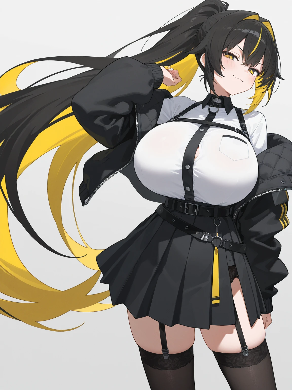 1 girl, two-tone hair, black on top, white on bottom 1 gilr, ,perfect anatomy girl muscular girl toned body girl large breasts girl thick girl angry girl best quality girl black hair girl yellow eyes girl pale girl pale girl,linda mulher morena, musculosa , usando short legging withe, meia calça preta, cabelo curto, belos olhos, olhos lindos, amarelos, camisa branca, jaqueta de couro preta, shorts, short legging white, cidade beco escuro pantyhose black, two-tone hair, black on top, white on bottom