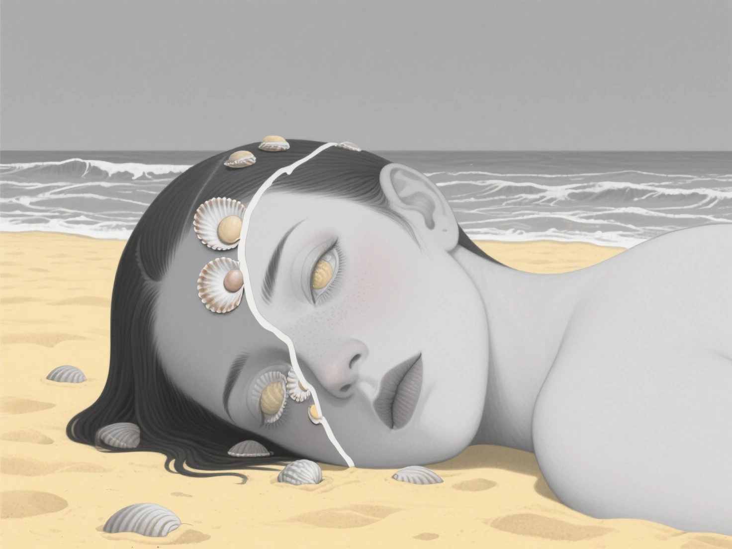 A dream inspired by a girl sleeping on the beach surrounded by Macaroni Penguin mde by (Salvador Dal:1.3)