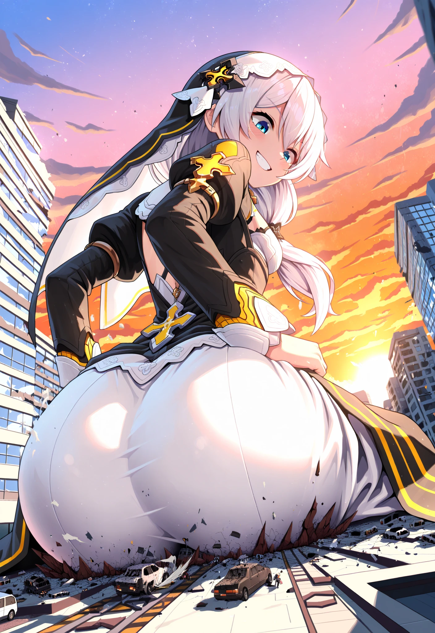 bending over, white stockings, from behind,  Sigewinne genshin impact, farting, butt, panties pulled down, white panties, black shorts, shorts pulled down, bottomless, , flat chested, short, 1 girl, butt focus,