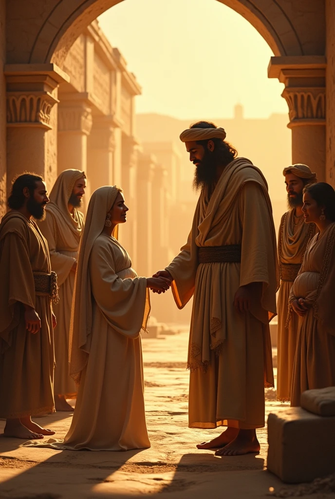A simple yet beautiful wedding scene under the open sky of Mecca. Muhammad wearing a white robe stood next to a woman wearing a simple and elegant dress. Both were surrounded by family and close friends, in a peaceful atmosphere. and joy. No fancy decorations, just a few palm trees and a simple rug on the ground.3d realistic