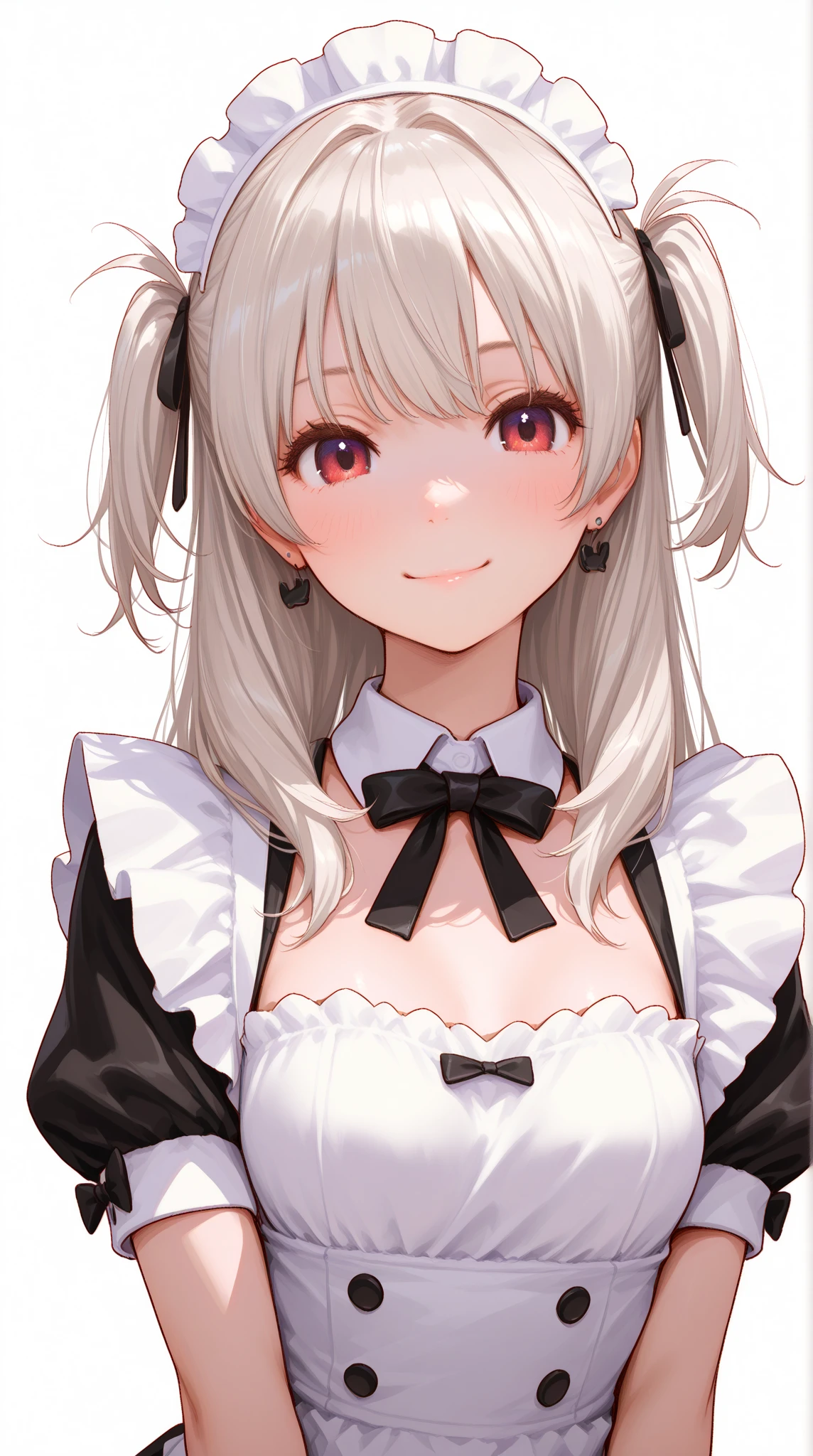 Masterpiece, Top Quality Anime Illustration, Super Detail, One Girl, Solo, Beautiful Girl with Silver Hair, Anime , maid dress,Smile,(white background),((masterpiece)),long hair,((charming))、happy smile、perfect proportions, cute woman, baby face, BREAK source_anime, high detail, looking at viewer,POV, large chest, best quality, highly detailed, young face,Droopy eyes,relaxed face,