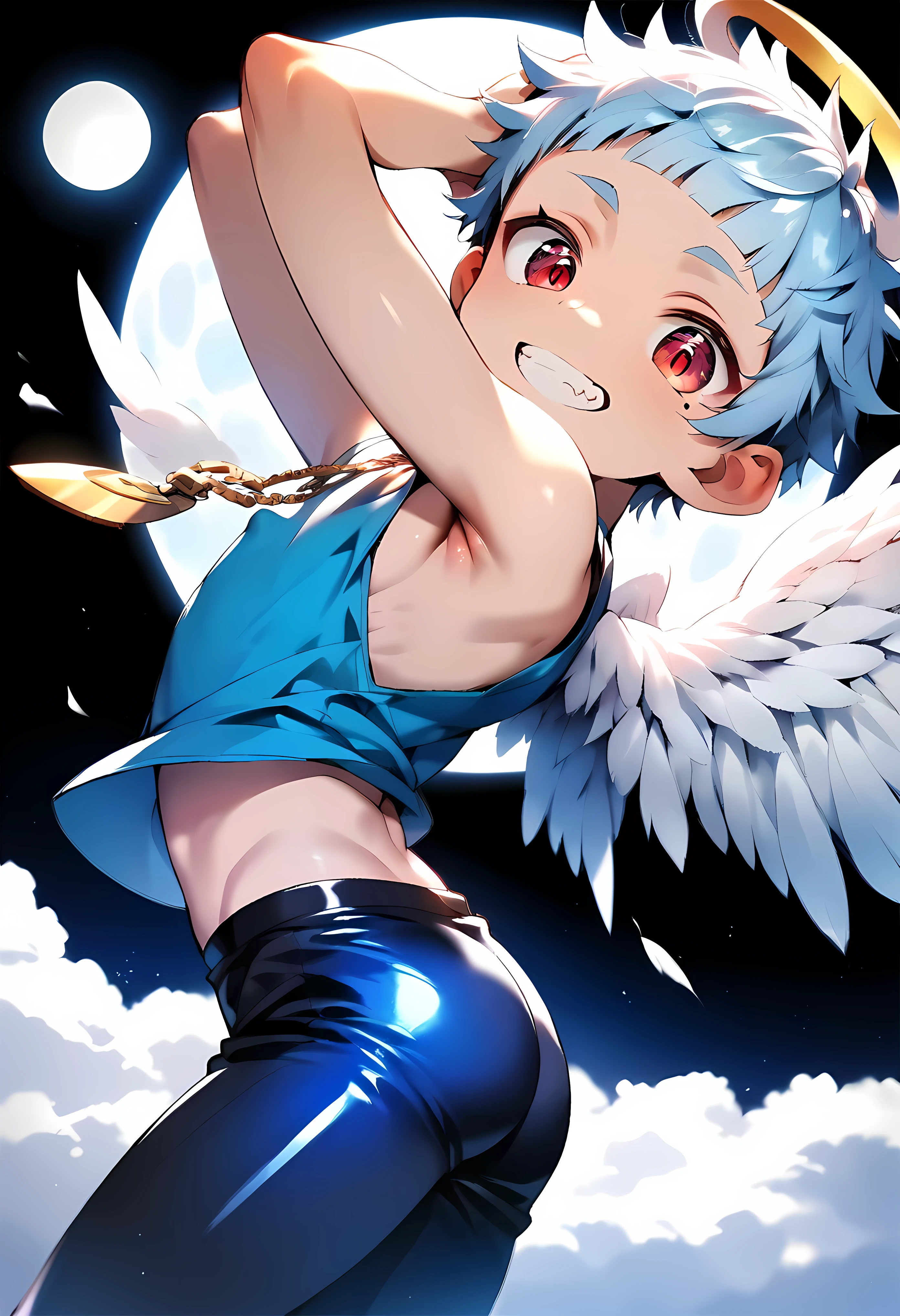 (solo:2), (boldline:-1.7), (singing:1.5), (forward arms:1.5), (arched back:1.1), (rainbow:1.5), (angel wings on his back:1.6), (halo on his head:1.3), (Indian style sitting on rock:1.5), (musical notes:1.45), (((fang))), (((best finger))), (((best arms))), (((best legs))), BREAK (best quality:1.5), (absolutely resolution:1.4), (ultra detailed:1.5), (masterpiece:1.5), (perfect face), (detailed face), (detailed eyes), (best eyes), (cute face), (shota:2), BREAK (naked:2), BREAK ((micro:1.5) penis:1.4), (skinny:1.3), BREAK (light blue hair:1.5), (spiked hair), (wine red eyes:1.4), (eyes with highlight:1.6), ((mole under eye)), (sweaty skin), (singing:1.4), ((earrings)), (crying:1.5), (shiny skin:1.3), BREAK (top of hill:1.5), (grass:1.5), (sunlight), ((wind blowing)), ((nipple)), (abs), (groin), (shackles:1.5), from below,