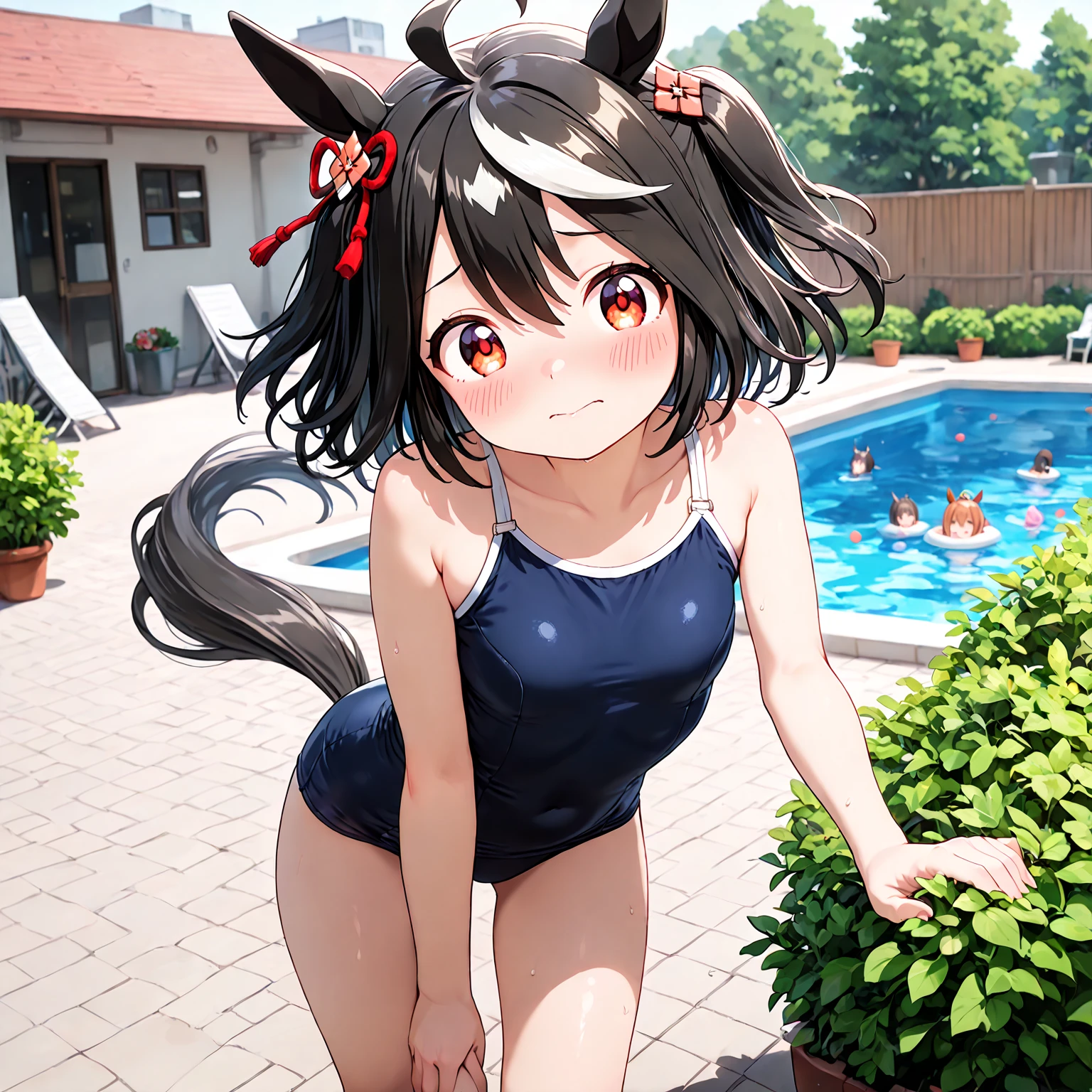 Stick out your tongue, wide open mouth, night pool, night background, natural luminescence, flat chest, school swimsuit, lantern, thick eyebrows, (huge backpack: 1.5), (dark skin: 1.3), brown skin, movie lighting, small, rabbit ears, (masterpiece), ((best quality)), (super detailed), glossy skin, full body anime girl, clean and detailed anime face, high resolution anime eyes, five fingers, Textile shading, perfect human structure, perfect anatomy,
