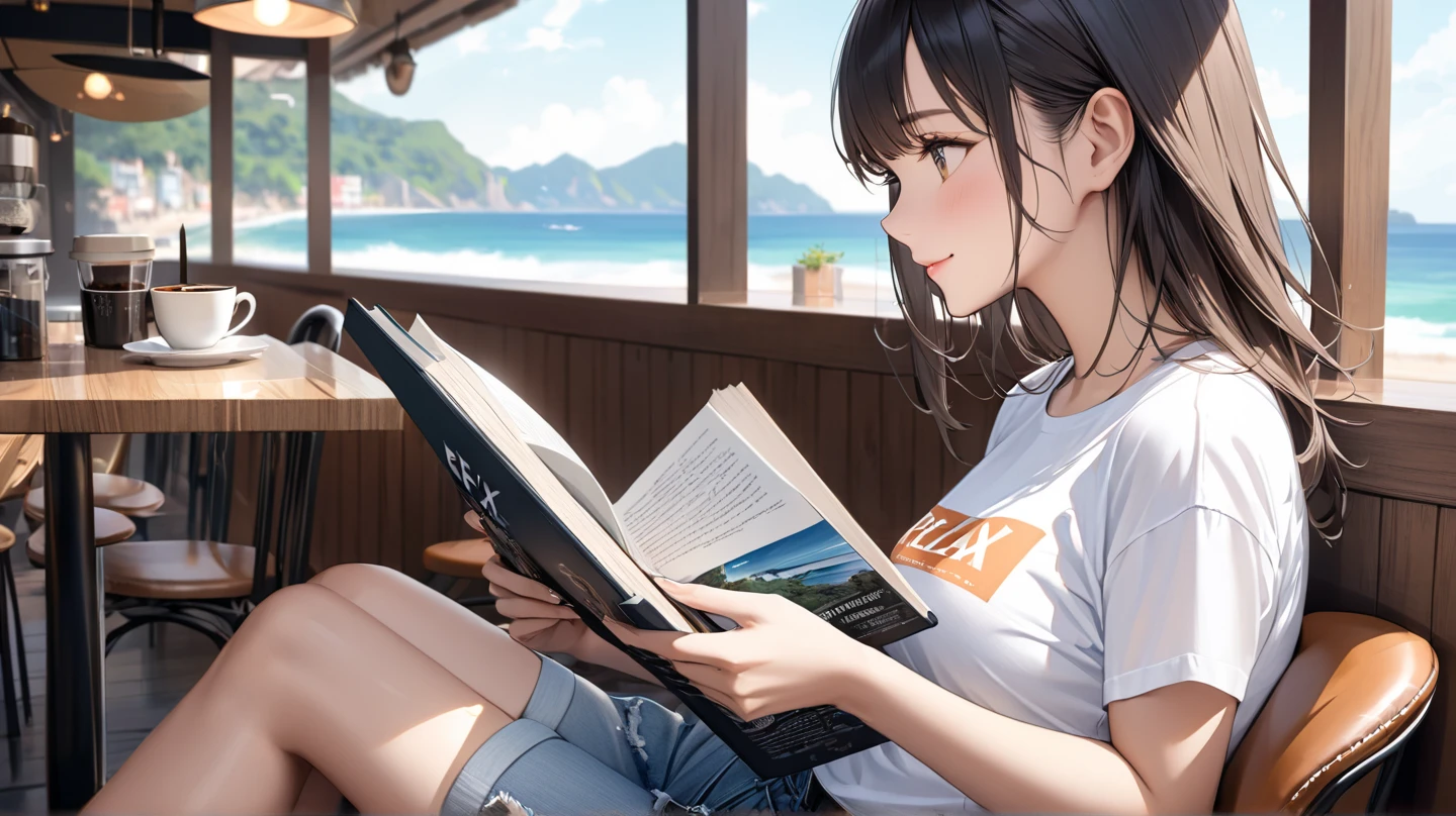 Artistic young woman close-up candid portrait photography, Sit by the window, The sun shines on her face, Soft romantic lighting, Summer day,whole body,Attractive legs,mini skirt,Reading a book