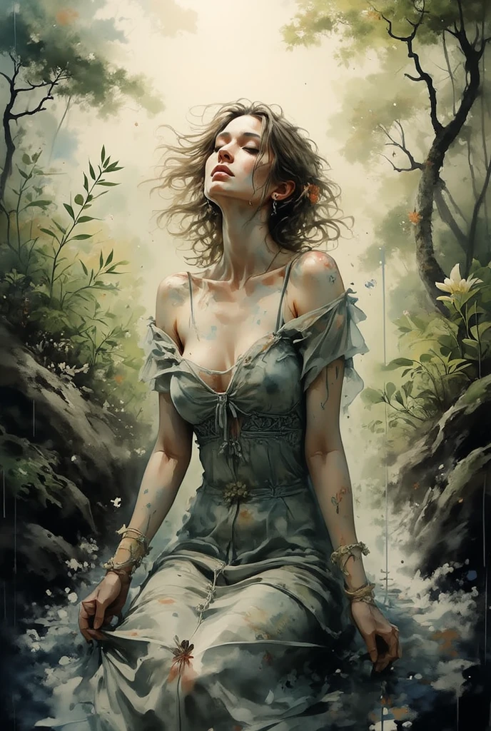 Arte de Apterus. Bela camponesa francesa, muito bonita com seus cabelos castanhos longos e olhos claros, usando um vestido simples, your hands two wooden prostheses, olhar ingenuo, standingn, corpo inteiro, near a stream in the forest (ohwx estétic | |