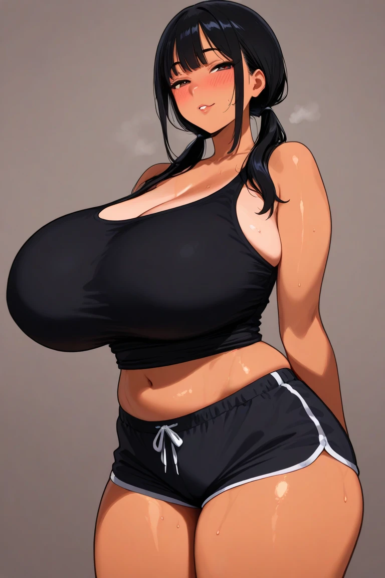 (best quality, masterpiece), Mikasa Ackerman, black hair, large breasts, busty, chubby figure, large breasts, solo , red scarf, boxing, in ring, sports bra, standing, big breasts, cleavage, shorts, sweat looking_at_viewer