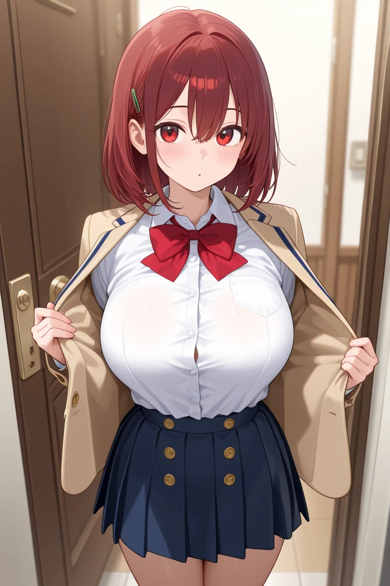 ((Beautiful Beautiful Girl)),light pink big eyes, 1 and slender woman, degree々big breasts, ((light beige brown hair)),((Loose braided short bob hair,)),In 8K, top quality, (highly detailed head: 1.0), (very detailed face: 1.0), (highly detailed hair: 1.0),((Sideless black Uniform)), Detailed official artwork, clean detailed anime art,((shy and shy face)),(Womb heart Tattoo )