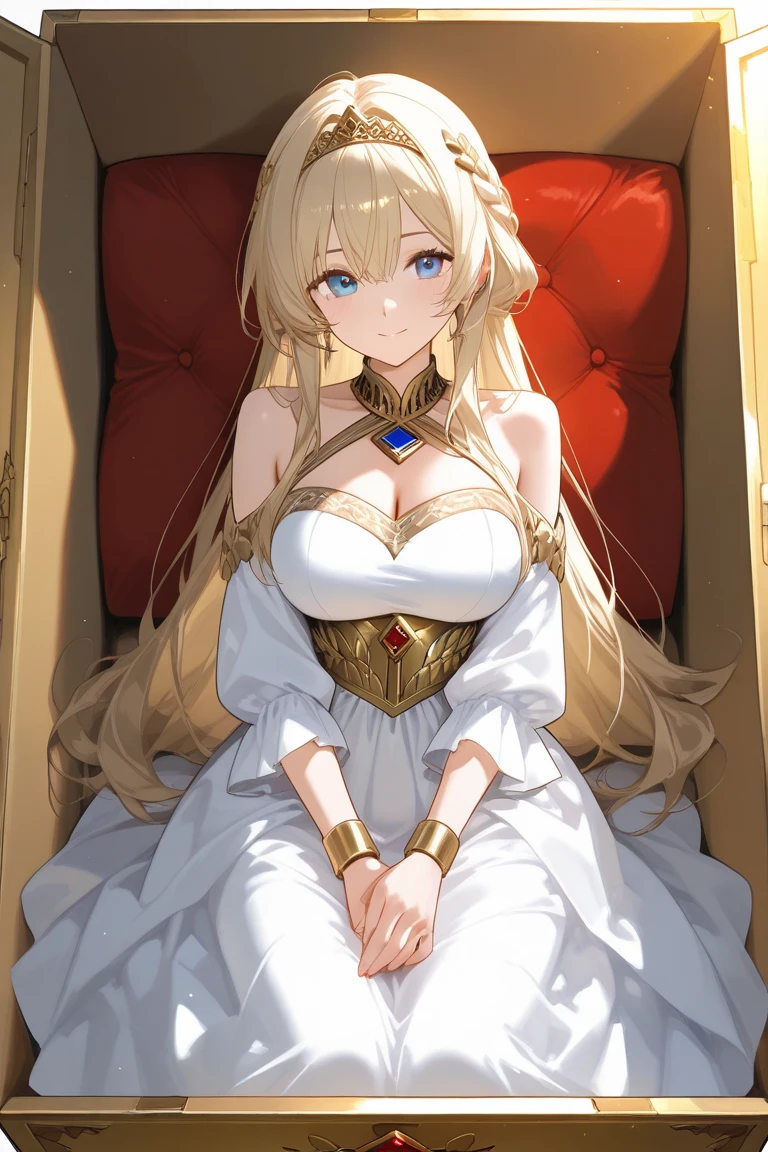 slender, mature female, jewelry, 1girl, breasts, rating:safe, earrings, long_hair, red_eyes, dress, solo, blonde_hair, cleavage, large_breasts, sitting, looking_at_viewer, white_dress, smile, bangs, very_long_hair, bracelet, bare_shoulders, blush, veil, necklace, indoors, collarbone, day, eyebrows_visible_through_hair, gem, throne, choker, thighs, window, closed_mouth, sapphire_(gemstone), gold, hand_up, knees_up, sidelocks, bangle, sleeveless, pillar, sleeveless_dress, pendant