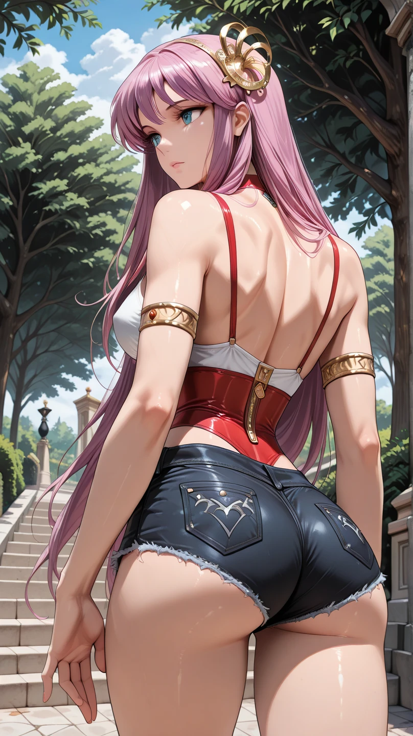 Super detailed、highest quality、best image quality、masterpiece、8K、Anime Face、gentle smile、Sparkling Blue Eyes、Long blonde curly hair、Cat ears grow、Wearing a headband、(SFW huge body)、(((Rear view)))、cowboy shot、(Wearing a pink thong:1.5)、Muscles of the whole body、Woman holding a cat