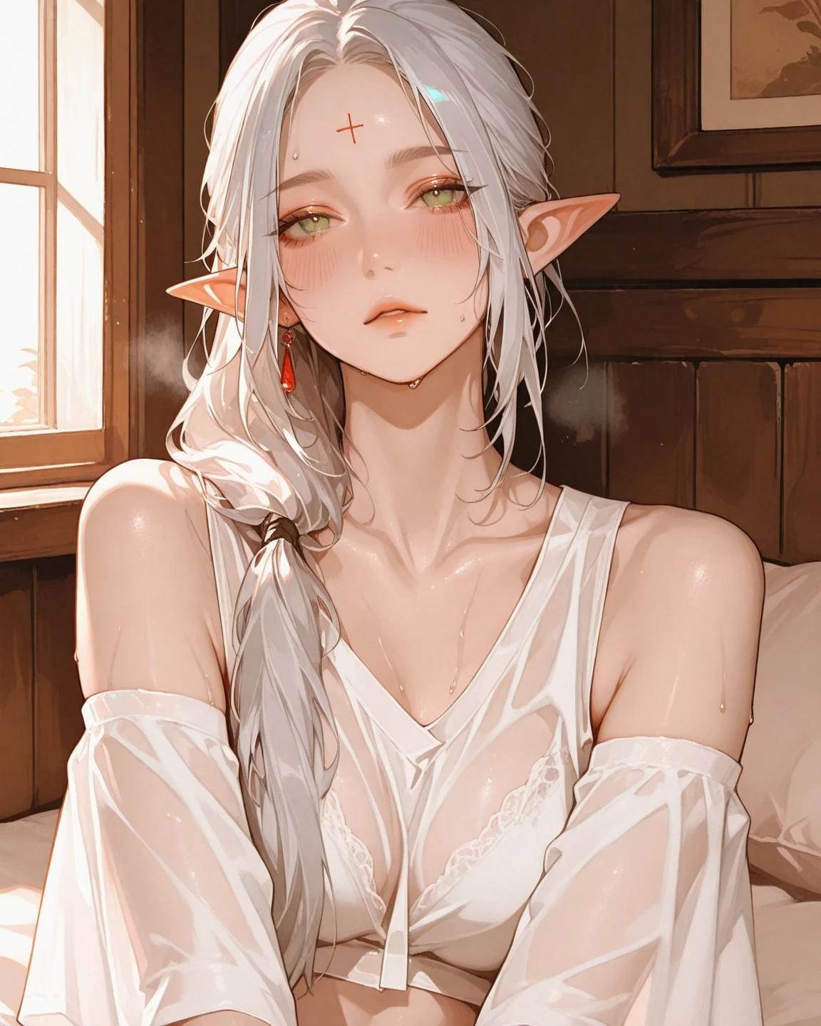 cute girl, (platinum hair), ((very long curly hair)), perfect face, innocent smile, (cerulean eyes), (naked), (petite), (slender), ((flat chest)), ((21 years old)), skindentation, extreme detail, attractive oval face, red lips, pink nipples, glossy skin, detailed hair, face focus, close-up chest, ornamental gold necklace, gold earrings, ((1 girl)), embarrassed expression, elf ears