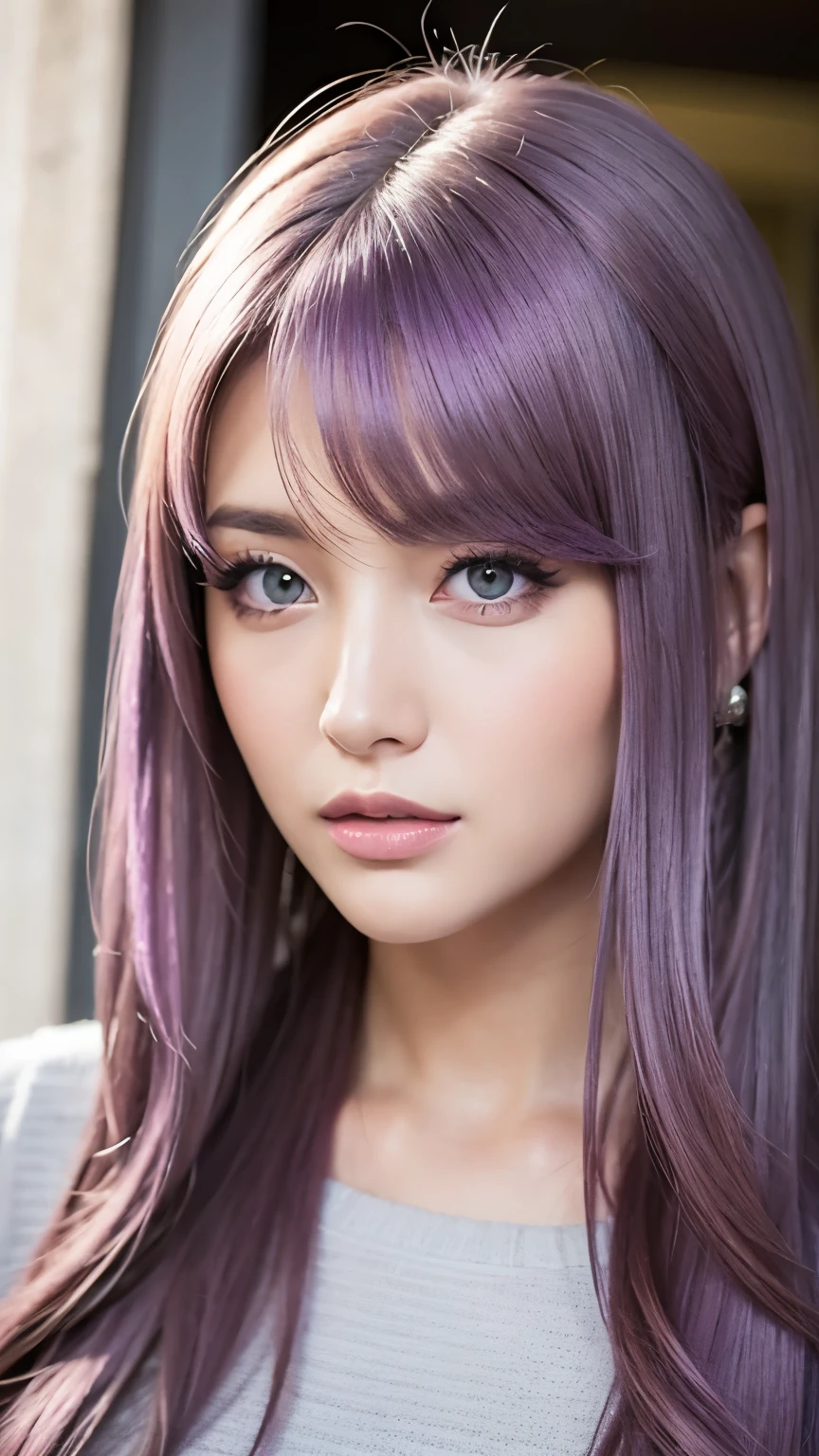 Best quality, high quality, Cute girl, One, Beautiful purple hair, Beautiful purple eyes, slight smile,