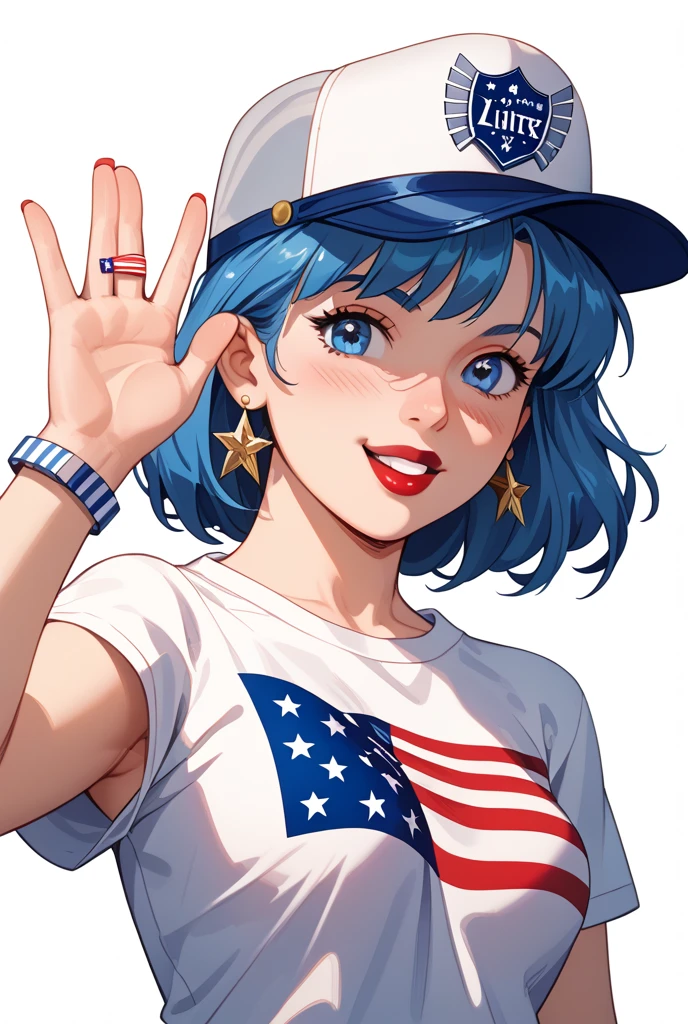 flag, <lora:Murica-v1:1>, cleavage, sports bra, detailed face, colorful clothing, park, sky, trees, Petite woman, her every feature bathed in the ethereal glow of a holo color scheme, captivating and mesmerizing, bodycon dress adorned with shimmering, shifting, and iridescent hues, reflecting light in a dazzling display, Holographic gems delicately reflecting a rainbow of colors, slender choker adding a touch of elegance, Sleek waves of hair, shimmering with lustrous hues matching the holo color scheme, holographic makeup adorning her eyes and lips, holo-infused ambiance, floating orbs illuminating the space in iridescent glory, magnetic presence exuding grace, confidence, and a unique allure that captures all attention.