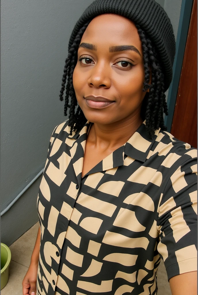 Black woman selfie POV photo, 60-year-old appearance, a little fat, shorth hair, black hair color, black eyes, wearing casual clothing, sitting not sofa, na sala, Optimal image quality, great photo, Actual image, natural image, very good photo