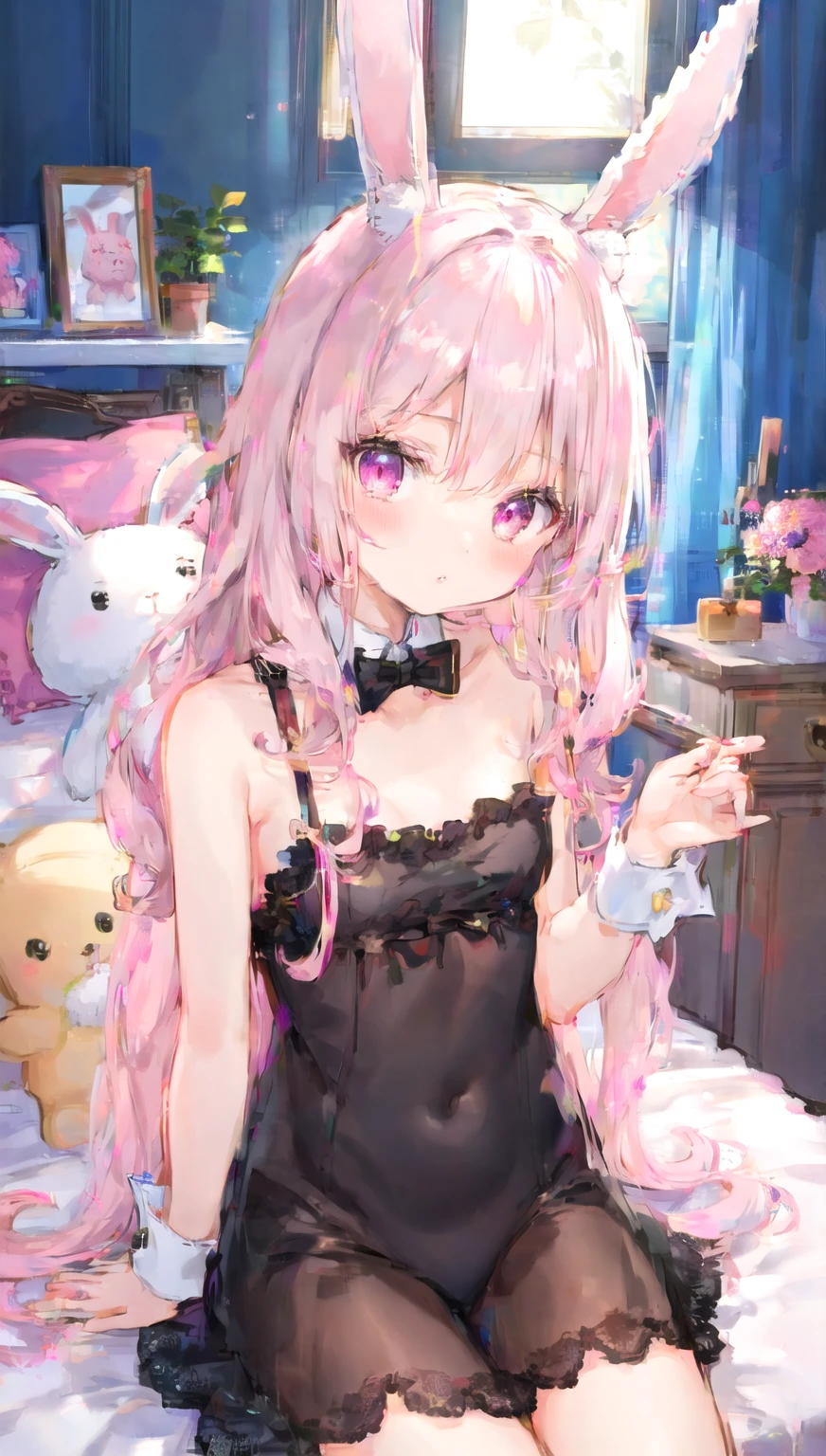 1girl, pink_hair, two side up, small breasts, ribbon, cowboy_shot, arms behind back, black dress <lora:style_kedamaa:1.0>