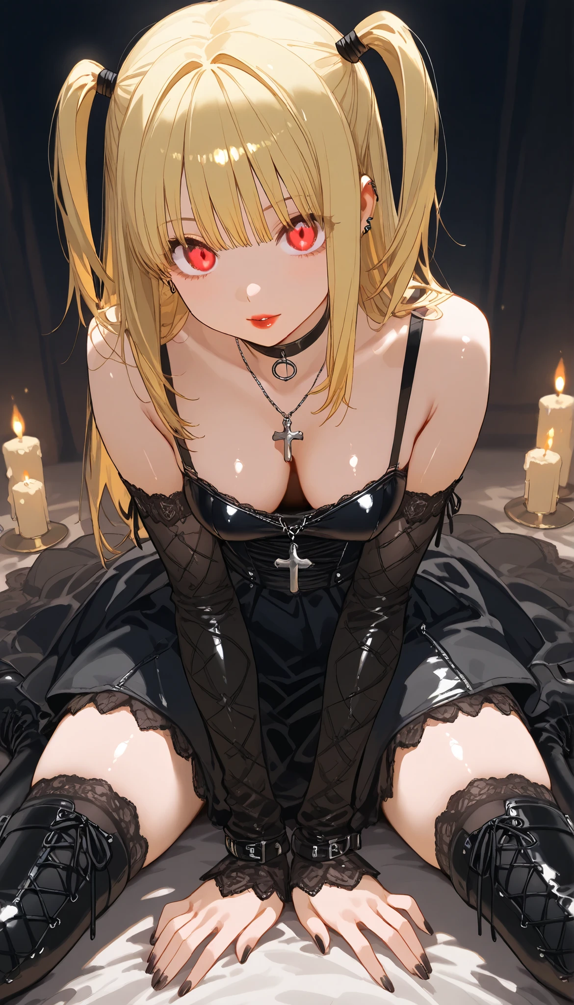 amane misa, 1girl, blonde hair, red eyes, bangs, long hair, two side up, red lips, gothic,ta fashion, black dress, black choker, black detached sleeves, cross necklace, black thighhighs, black lace-up boots, in four, lie in front, downblouse,
, gothic, candles light, dim light
, at night, high shadows, shiny skin, shiny clothes, impossible clothing, glowing eyes,