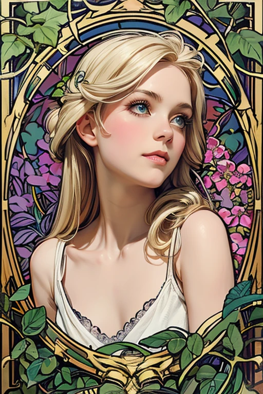 Retrato do rosto de uma mulher europeia, cabelos longos e cacheados, loiro, moldura de flor, painel decorativo, Arte abstrata, por Alphonse Mucha (Obra de arte, mais alta qualidade, high resolution: 1.4), detalhado, detalhes intrincados, 4k, respingo de cor, arte de linha, Fibonacci, in underwear