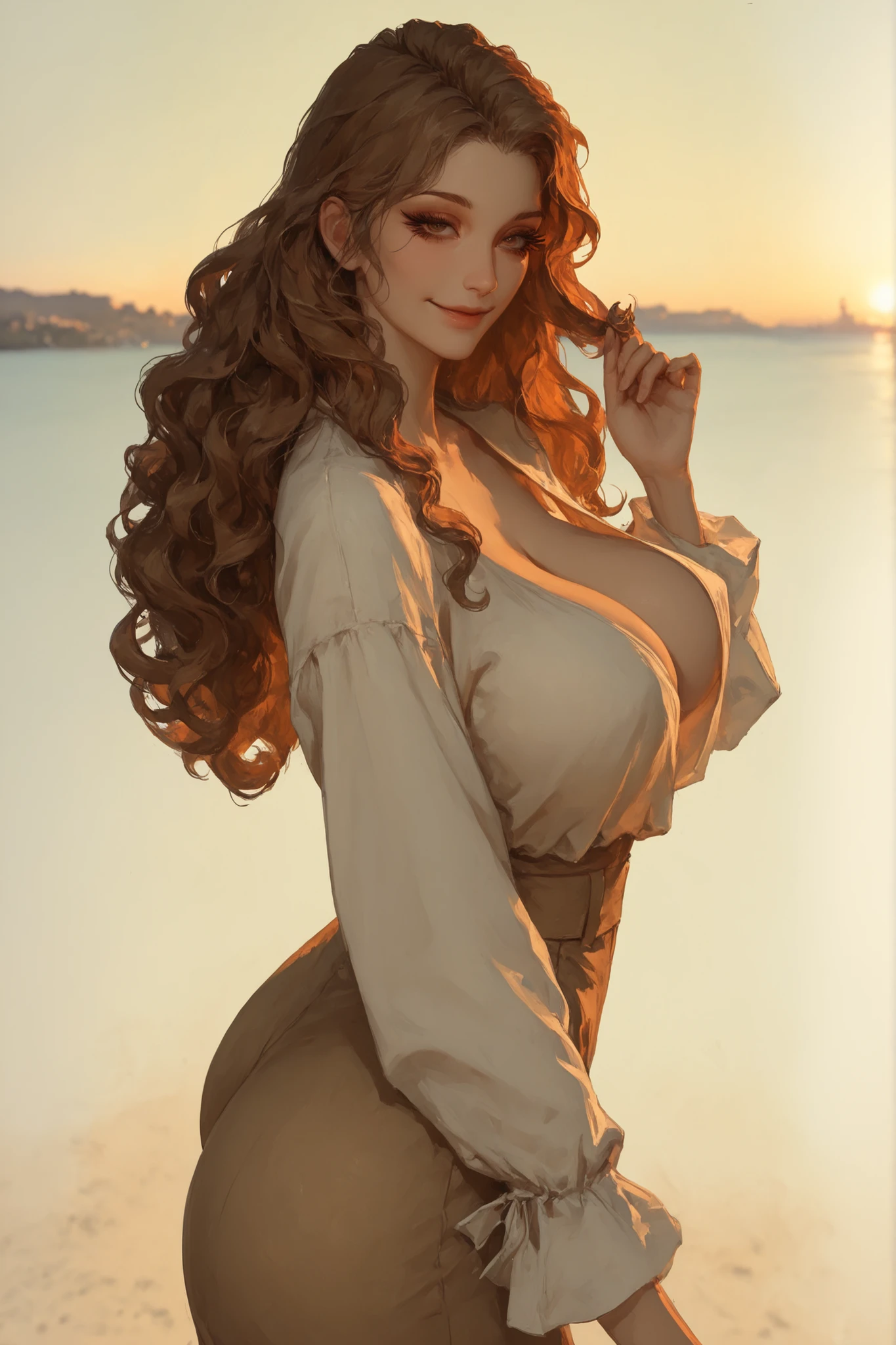 Beautiful woman, red hair, brown eyes, natural perfect breast, cleavage, highly detailed, west background,, vintage, dark fantasy, cowgirl, western style 