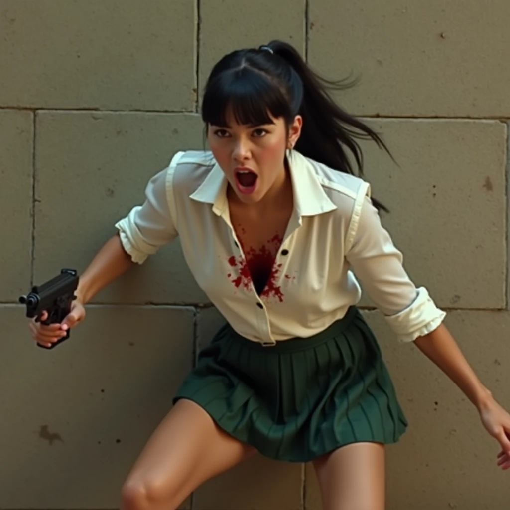 A cover image of a woman wearing a Thai school uniform, a white shirt and a black A-line skirt fighting a horde of zombies, wearing different clothes, the character's face is fierce, blood splattered, blood everywhere, with a baseball bat hitting the zombie's head, she wears tattered clothes, do not expose, the scene is dark and atmospheric, the style looks realistic and fierce, the background is an old Thai temple, chased by zombies and there is a broken tuk tuk parked, there is a zombie's hand coming to grab her from the front.