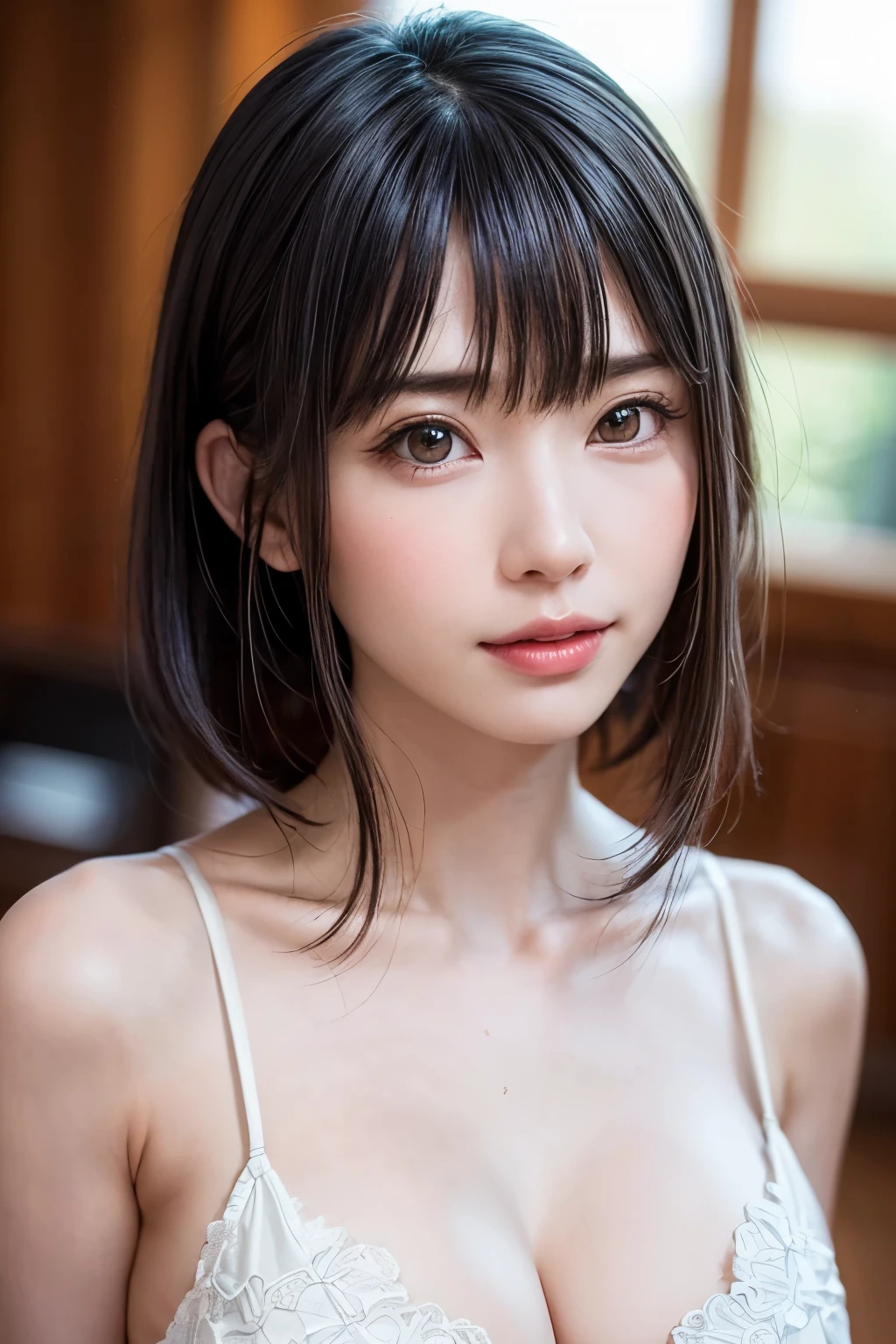 (1 nogizaka girl,raw photo,photo realistic:1.5),(best quality, high quality,HDR, highest quality,ultra high resolution,high resolution,high res,ultra high difinition,huge file size,8K,2K wallpaper,8K wallpaper,high quality texture,amazing,an extremely delicate:1.4),one girl, Japanese famous idol,beautiful face,small face,absurd,ridiculous,incredibly ridiculous,blurry background,(cleavage,no makeup:1.2),medium skin,beautiful skin,detailed skin,black hair,silky hair,(Japanese eyes:1.3),detailed eyes,black eyes,Japanese idol eyes,triangle eyes,Japanese nose,5-fingers,(Light Particles, Lens Flare, Luminous Particles: 0.7),looking at viewer,bright lighting,professional lighting,girl