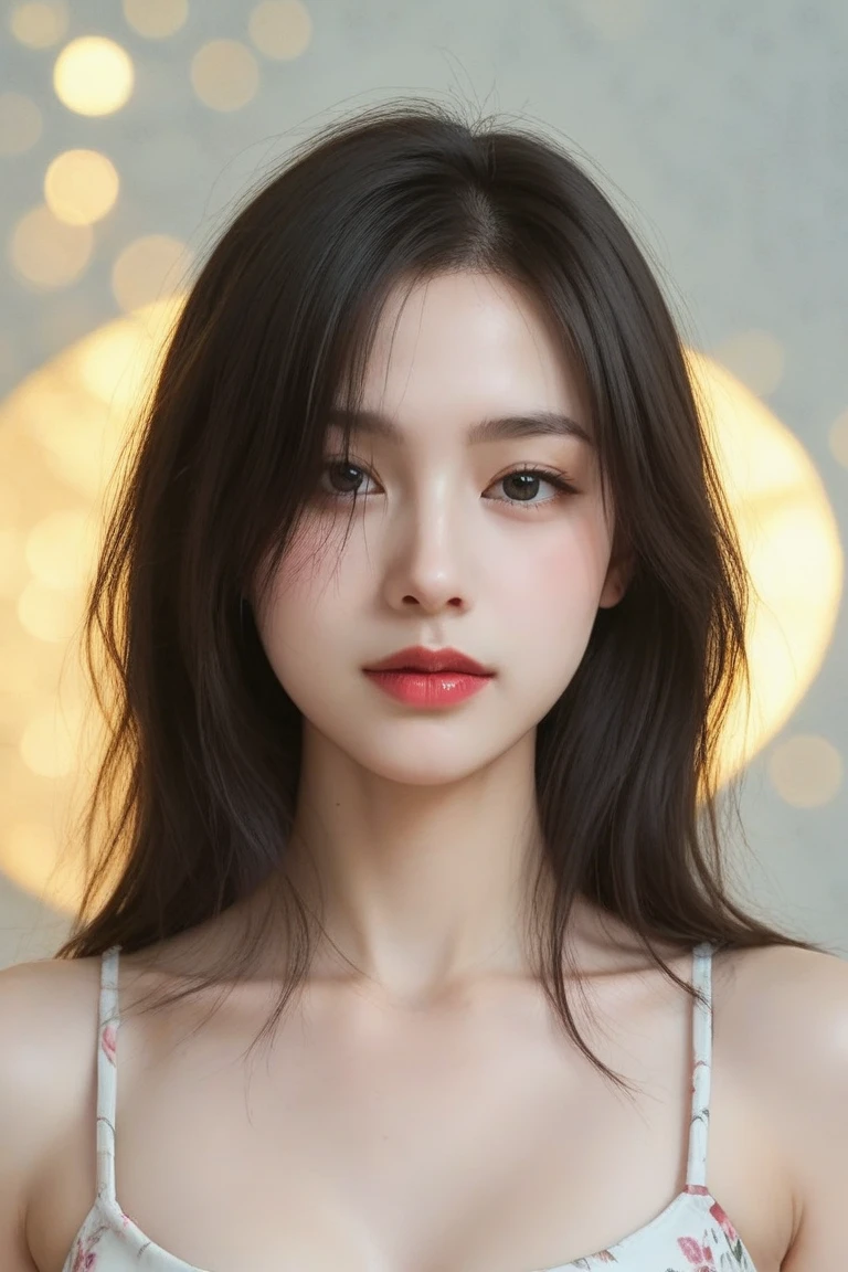 A perfect young female white-collar worker,Chinese,High picture quality,Works of masters,Black hair,Long hair flowing over the shoulders,Beach wave hairstyle,cropped shoulders,clavicle,exquisite face,Hydrated red lips,Real Human,CG rendering,16k,Stand up,Do not show your hands,Close-up shot