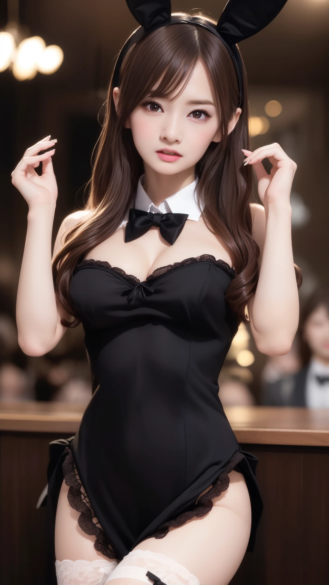 Highest quality、masterpiece、8K、Full body photo、Great light、Beautiful lighting、Natural Lip、Brown Hair、((Beautiful cleavage is visible))、((Sexy Black Bunny Suit))、((Bunny ears headband、A bow tie))、Bunny girl、Night bar background、A tight high-cut bunny costume、Close your eyes、Open your mouth