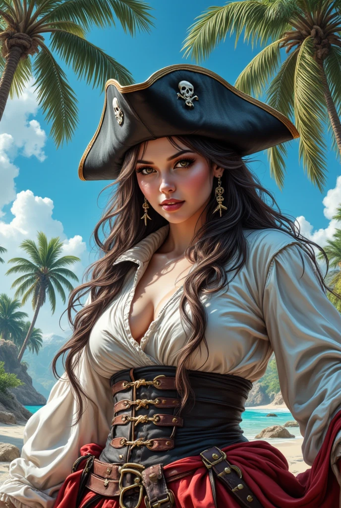 beautiful female pirate with hat, pirate captain, detailed face, beautiful eyes, full lips, long eyelashes, ornate pirate hat, feather in hat, intricate pirate outfit, embroidered coat, shiny jewelry, holding sword, stormy sea background, dramatic lighting, cinematic, vibrant colors, highly detailed, photorealistic