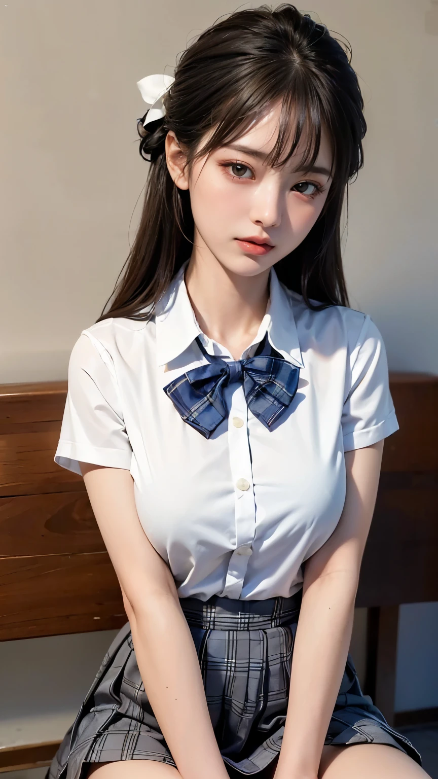 (RAW photograph, highest quality), (realistic),photograph, highest quality ,masterpiece, very delicate and beautiful, very detailed, cg ,unity, 2k wallpaper, finely, masterpiece, highest quality, huge file size, Super detailed, High resolution, very detailed, NSFW, 1 girl, Saori 17 years old, node, because I&#39;thin, (short sleeve shirt:1.1),(uniform:1.1),(pleated skirt:1.1), porcelain skin,  (gray hair), (hair ornaments), looking at the viewer, close up of face, straight hair, very detailed face, very detailed eyes, enchanting smile, Rainy ,
