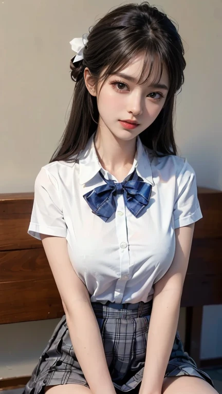 Top Quality, Ultra High Definition, (Photorealistic: 1.4), 1 girl, white blouse, blue skirt, bow tie, (faded ash-gray hair: 1), (Normal breasts: 1), Watch viewer, Cafe