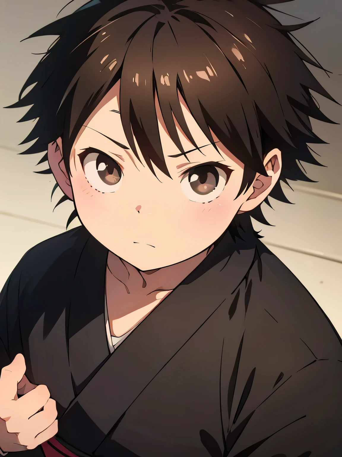 a painting portrait of boy wearing ((black kimono)) in manhwa style, [Haruyuki Arita] is a  boy from [Accel World] that has brown short hair in spiky hair style, ((black eyes)), ((spring)), warm day, ((BLACK EYES)), ((ager)),