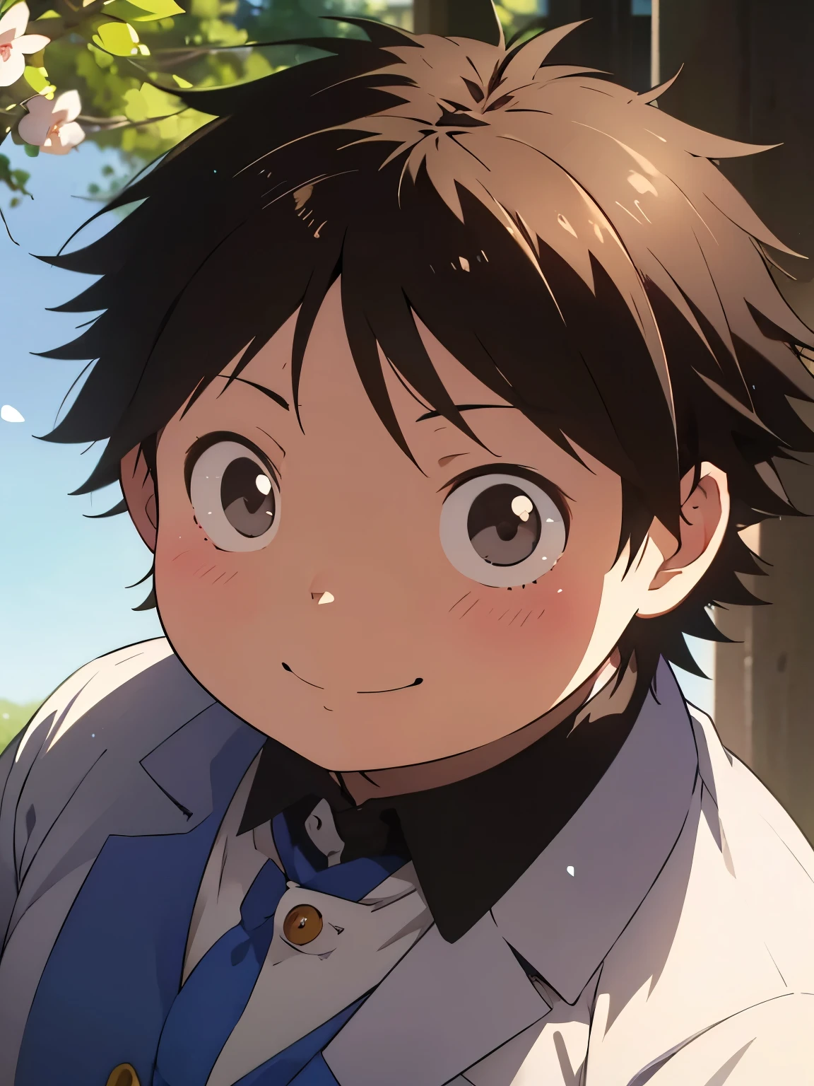 a painting portrait of boy ((smiling)) in manhwa style, [Haruyuki Arita] is a  boy from [Accel World] that has brown short hair in spiky hair style, ((black eyes)), ((spring)), warm day, ((BLACK EYES)), ((ager)), (fat)