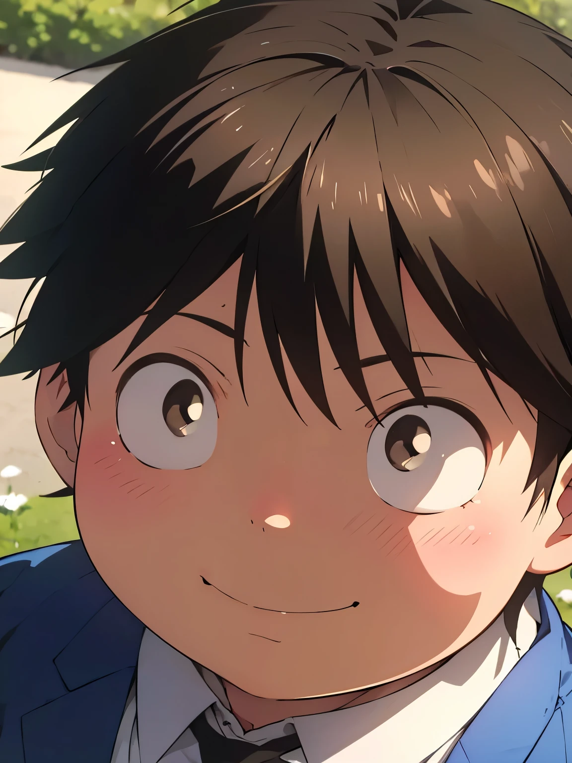 a painting portrait of boy ((smiling)) in manhwa style, [Haruyuki Arita] is a  boy from [Accel World] that has brown short hair in spiky hair style, ((black eyes)), ((spring)), warm day, ((BLACK EYES)), ((ager)), (fat)