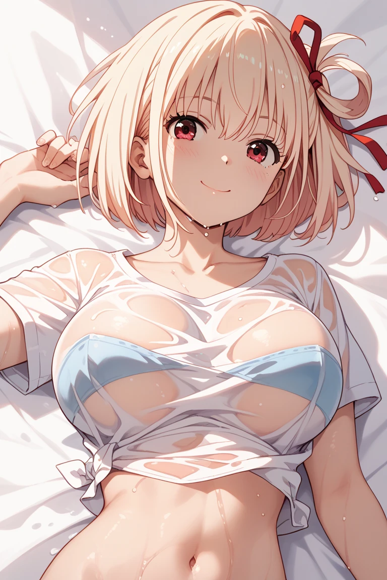 best image quality、high quality、18-year-old、1 girl, masterpiece, 最high quality、Bedroom、Western-style interior,Thread Clothing、(((wool bra)))、(((Enlarge the subject)))、Upper body、Shoulder sweater、(Laughter:1.1), , (wide open eyes:1.2)、get down on all fours、glare of the sun, perfect lighting, 、Bokeh, written boundary depth, blurred background, Senzoku Nishikigi、Blonde short bob、red eyes、red ribbon
