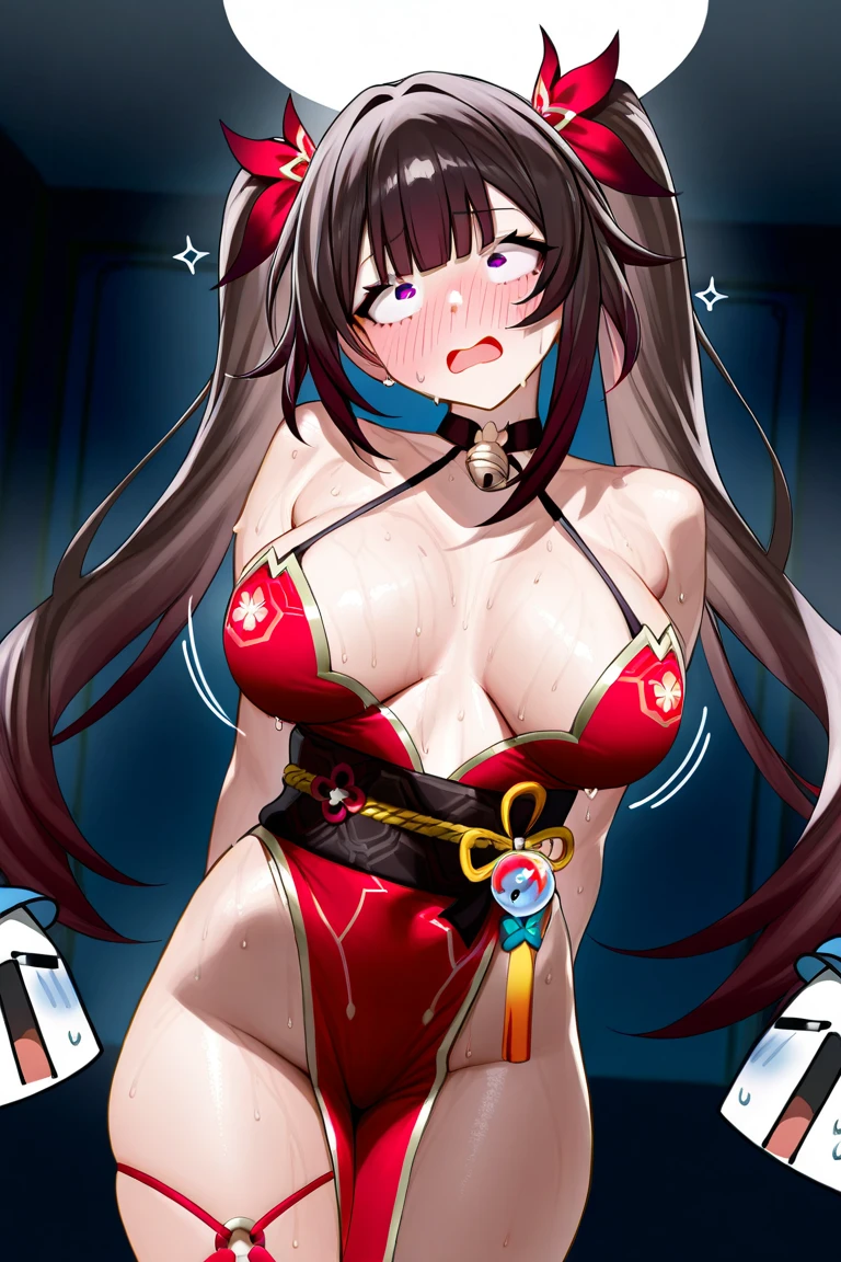 highest quality、one girl、full body figure、very big boobs,big ,perfect 5-fingered hands、Mizuki Yukikaze、shy face、perfect thing、big breasts、two perfect arms、two perfect legs、detailed description、small details、detailed face、Voluptuous legs、erotic pose、Mizuki Yukikaze、hair ribbon, black leotard, taimanin suit, one-piece tan, elbow gloves, fur trim, fingerless gloves, frilled leotard, thigh boots