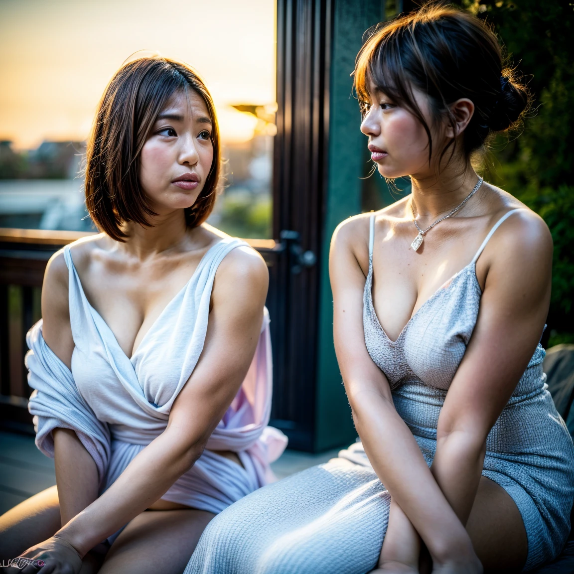 Full body photos of two 30-year-old girls in South Korea、((Natural soft light：1.5、Squat in the street、There are crowds、Don't look at the lens: 1.5、(White tulle transparent dress：1.35、Wear jewelry、Gini Coefficient: 1.35、High score hair、Humanity: 1.2、Open waist: 1.2、legs separated、White liquid on legs、violence、The kinky  exposed)、Bareleged、high-heels、humongous large breast、、Wide crotch、example))、half-open raspberry lips、Reddening cheeks，Lips are tightly closed、drools、There  white liquid flowing from the body、tense look、(Watch from behind)、(with short black hair: 1.5)、((A detailed的the face))、(fine detailed skin)、(tmasterpiece)(Live photos)(quality), 8K, hyper HD, high high quality, Grain Film