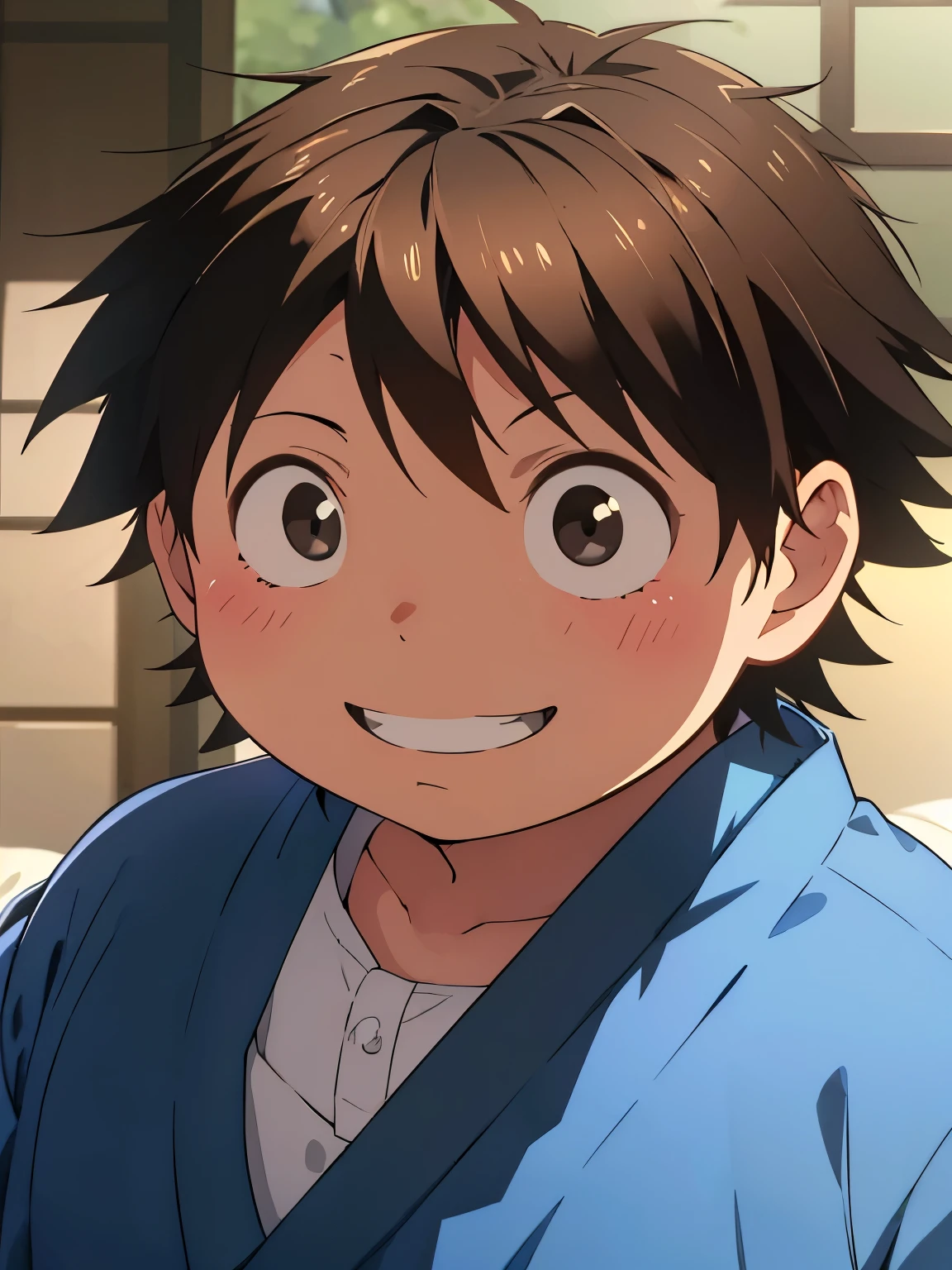 a painting portrait of boy ((smiling)) in manhwa style, [Haruyuki Arita] is a  boy from [Accel World] that has brown short hair in spiky hair style, ((black eyes)), ((spring)), warm day, ((BLACK EYES)), ((ager)), (fat), ((kimono), dutch angle