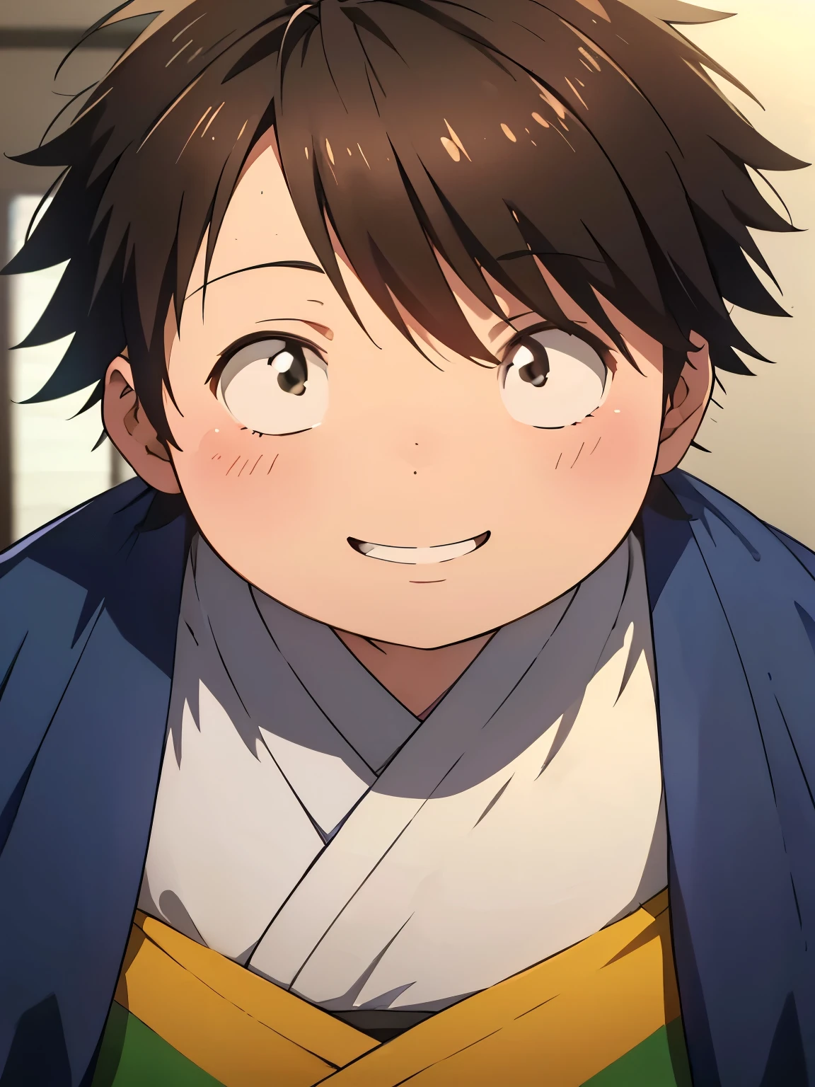 a painting portrait of boy ((smiling)) in manhwa style, [Haruyuki Arita] is a  boy from [Accel World] that has brown short hair in spiky hair style, ((black eyes)), ((spring)), warm day, ((BLACK EYES)), ((ager)), (fat), ((kimono), dutch angle