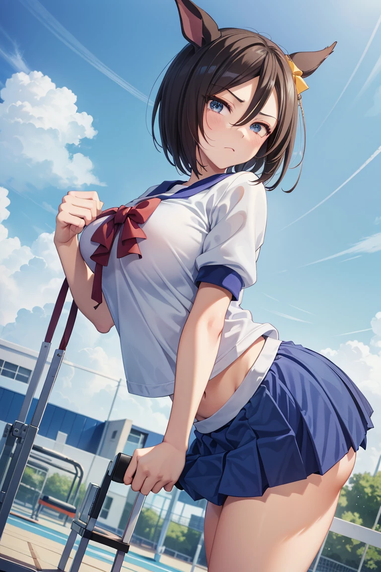 (8K、top-quality、masterpiece:1.2)、(reallistic、Photorealsitic:1.37)、The ultra-detailliert、女の子1人、20yr old、Colossal tits、Beautie、cute little、A smile、独奏、athletic field、uniform、run、(Redness of the nose)、(A smile:1.15)、(With mouth closed) 、beautidful eyes、short-hair、Floating Hair Novafrog Style、The upper part of the body、Futanari Woman、Have an erection