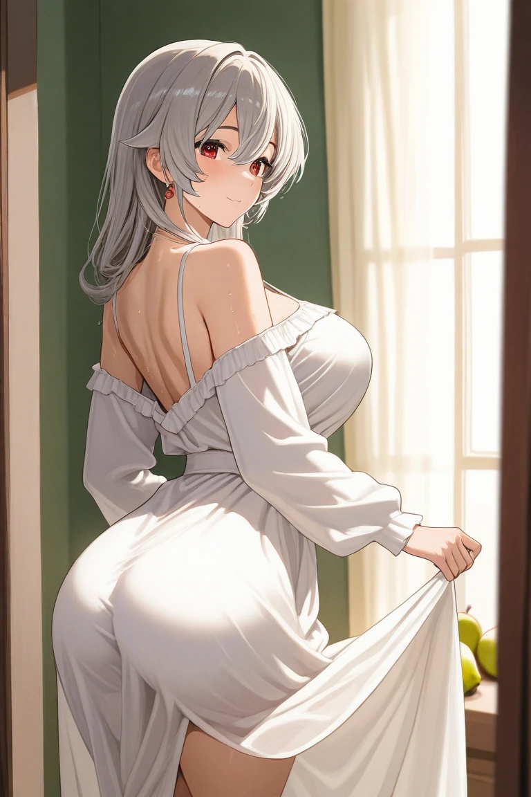 ((((ultra illustrated style:1.0)))),best quality,best animated,masterpiece,ray tracing, global illumination,virgin killer sweater,1girl, solo,large breasts,wariza, looking back