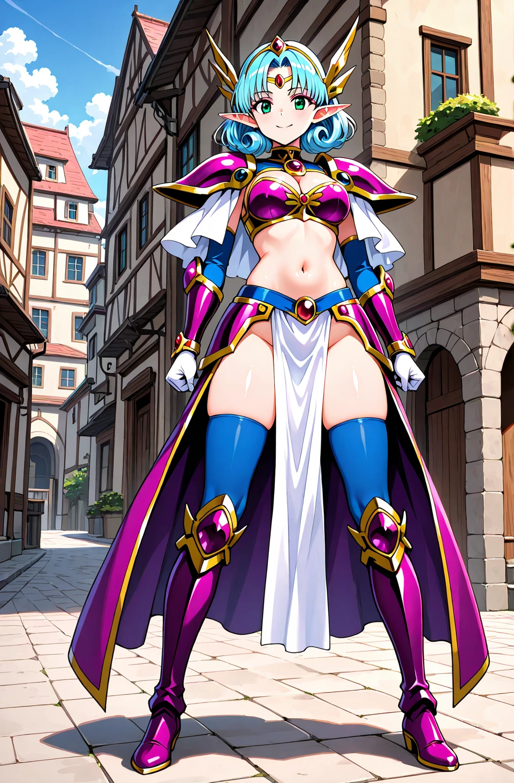 "(masterpiece:1.1), best quality,
1girl, (80s anime style:1.4), (eyelashes:1.5),
(intricate high detailed body:1.2),
pink hair,
(hair slicked back:1.2), (bob cut:1.1), (headband:1.2),
red eyes, (thick eyebrows:1.1),
(muscular body:1.2), (medium breasts:1.1),
grin, open mouth,
(lace body suit armor:1.2), (pantyhose:1.1),
(spiked knight armor, armored boots, capelet:1.2), (mini skirt:1.1), (earrings:1.1), collar,
standing, claw pose,
(upper body, looking at viewer, from front:1.1),
(simple white background:1.2)"
