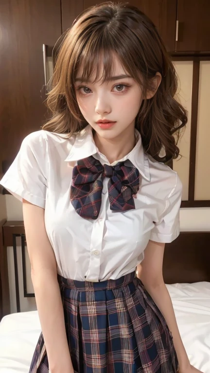 (1girl), Brown hair, Amazing face and eyes, Pink eyes, (High school uniform with wide open breasts:1.4), Beautiful big breasts, bared chest, (amazingly beautiful girl), Brown hair, (High School Uniform, Pleated mini-skirt:1.5), ((Best Quality)), (Ultra-detailed), (extremely detailed CG unified 8k wallpaper), Highly detailed, High-definition raw color photos, Professional Photography, sitting, ((spread your legs)), (((Bokeh))), depth of fields, (view from below:1.2),