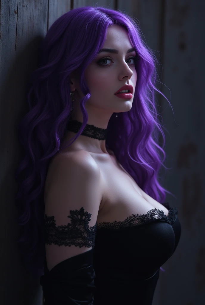 a sexy gothic girl with realistic purple hair and purple eyes, big breasts, realistic sexy pose, in a realistic gothic room, detailed facial features, 4k, high quality, photorealistic, studio lighting, extremely detailed, hyper realistic, dark moody lighting, dramatic shadows, cinematic composition, beautiful, elegant, intricate details, chiaroscuro, dramatic lighting, rich colors, dramatic, moody, atmospheric, haunting, captivating, immersive, compelling, striking, powerful, visceral in the bed dark light not adult
