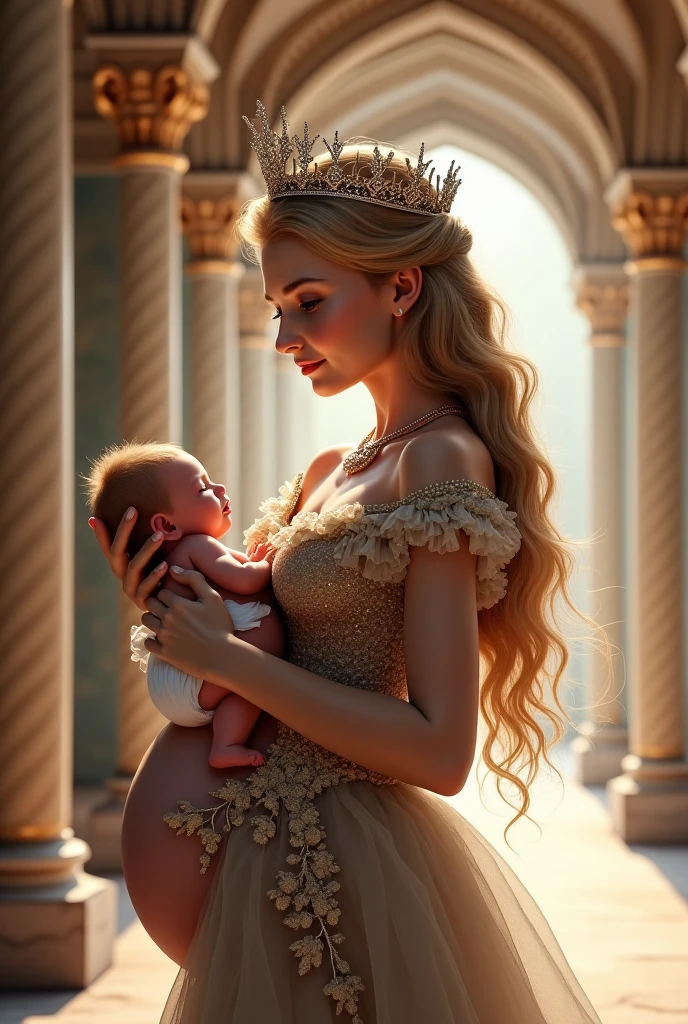 ((best quality)), ((Meisterwerk)), (detailed), perfektes Gesicht A celestial fantasy queen with long blonde hair, dressed in an ethereal, iridescent, shimmering, flawless, floating, luminous, and sparkling gown that emphasizes her gorgeous breasts and unparalleled radiance. She is kissing her grown up daughter with passion. when the celestial queen envelops her daughter with her lumious wings The queen's brilliance and light increases extremly, blinding an audience that worships her. imposing chest, cosmic brilliance