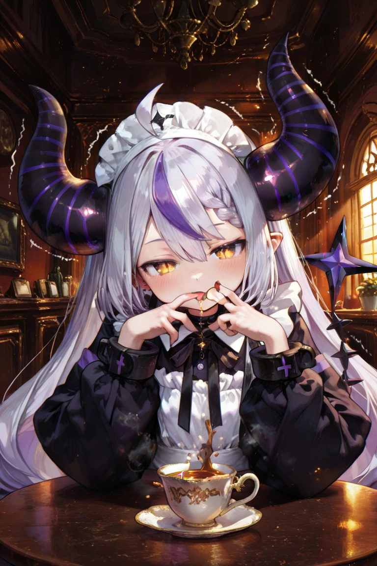 Night World, 1 ,,Purple Hair,Huge ahoge, Small breasts, Light Skin, Larger clothes,devil,hairstyle with volume,Expose,Looking down on