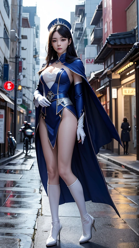 South korea sassin's creed walk women mystery hooded on with modern royal Blue coat with long and wide sleeves with but and royal Blue cape and very high white heel over the knee and white gloves, As she reveals a small secret hidden blade coming from his palm , adding to the characters mysterious, with small movements of air on the cape, in summer at night ur the rain, with buildings featuring curved eaves and detailed architecture. sophisticated and highly detailed, ultra hd, realistic, hyper detailed, enhanced colours, ultra sharp focus, with vibrant, rich in details High quality, gorgeous, captivating, 8k, super detailed, stunning shadows, detailed lines, blood staicoat and gloves, corpses in the  recently murdered
