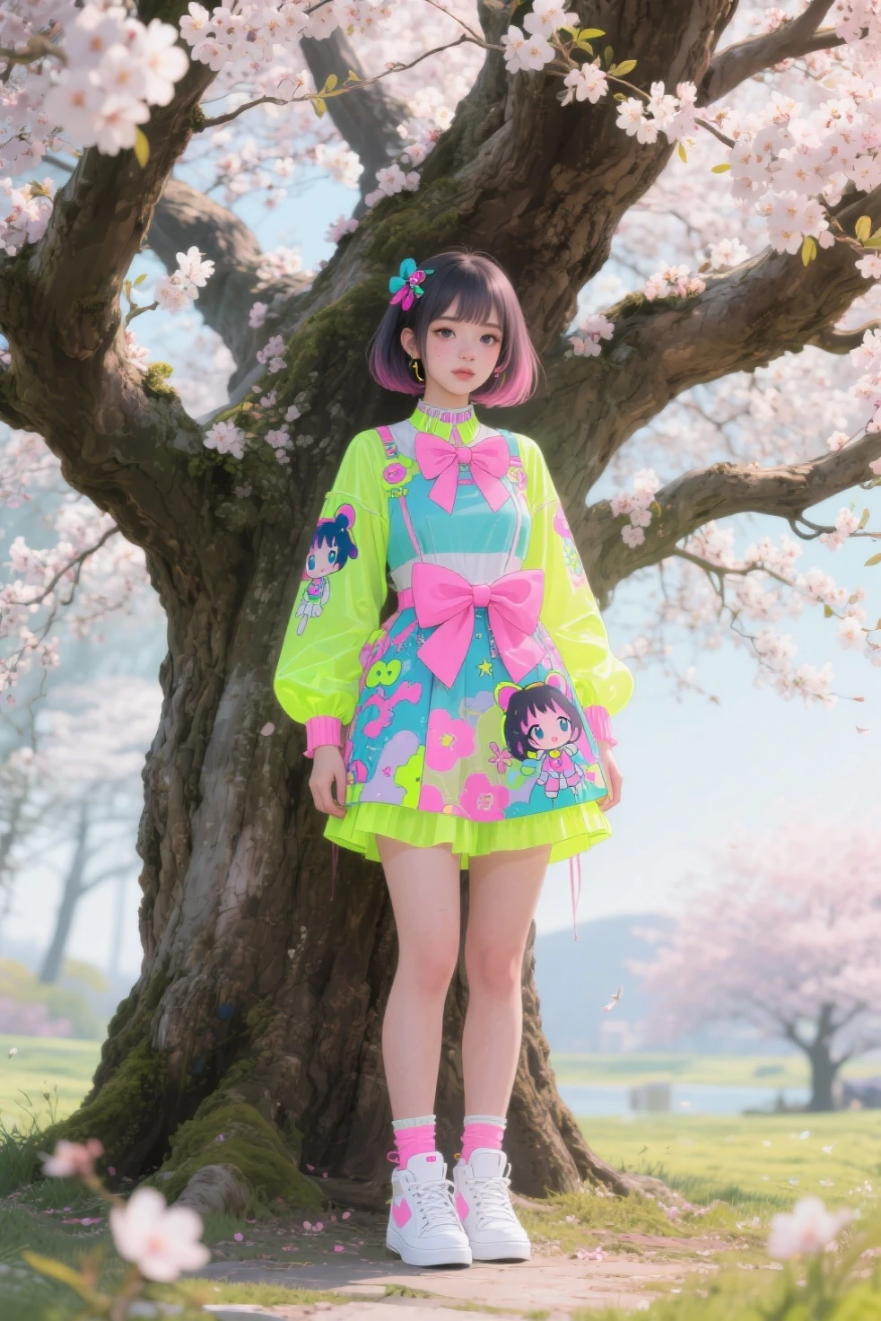 Disney Pixar Poster, one with long, straight black hair with bangs and light beige skin color. She is wearing a flower on her head with pastel colors, is wearing a white jumpsuit dress with pastel flowers drawn on it, over a pastel blue winter shirt and white knee socks. She is wearing a light blue all star. The background is a forest with giant mushrooms with pastel blue colors, pink pastels, pastel orange, pastel yellow and pastel green