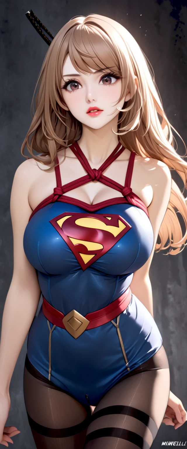 (Best quality, masterpiece, absurd)),1girl:1.3, solo:1.3,Beautiful woman,blue expressive eyes, beautiful woman,long blonde hair, 21 years, solo, 1girl,hourglass body,huge breasts, defined body, wearing superman cosplay((Supergirl cosplay bodysuit, skirt (waist up to half of thigh)supergirl, supergir short red cape)), bright colors