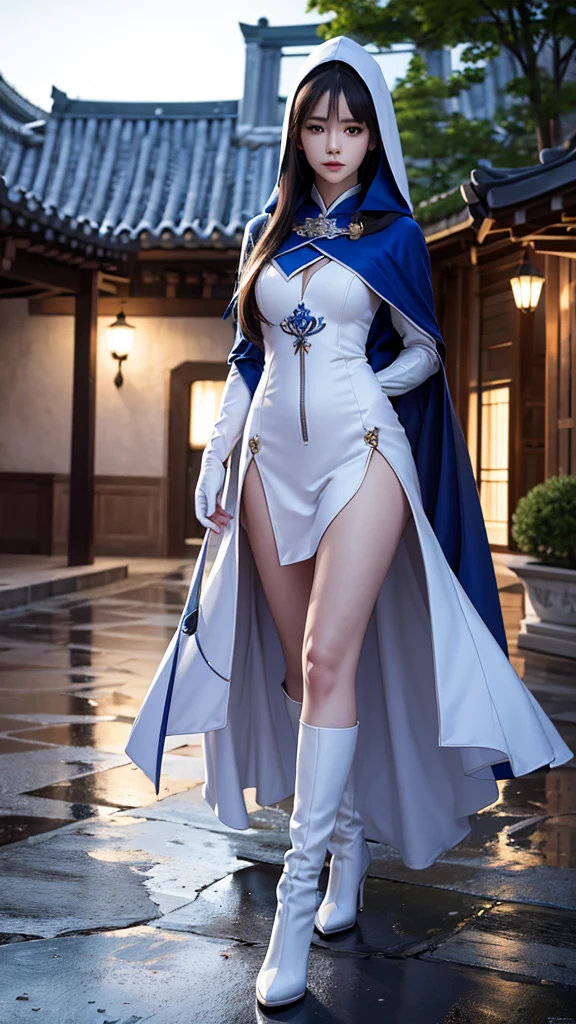 climbing a temple wall South korea women mystery hooded on with modern royal Blue coat with long and wide sleeves with buttons and royal Blue cape and very high white heel over the knee and white gloves, As she reveals a small secret hidden blade coming from his palm , adding to the character's mysterious and agile appearance, with small movements of air on the cape,, in summer at night under the rain,medieval south korea house. sophisticated and highly detailed, ultra hd, realistic, hyper detailed, enhanced colours, ultra sharp focus, with vibrant, rich in details High quality, gorgeous, captivating, 8k, super detailed, stunning shadows, detailed lines, just after to make a murder